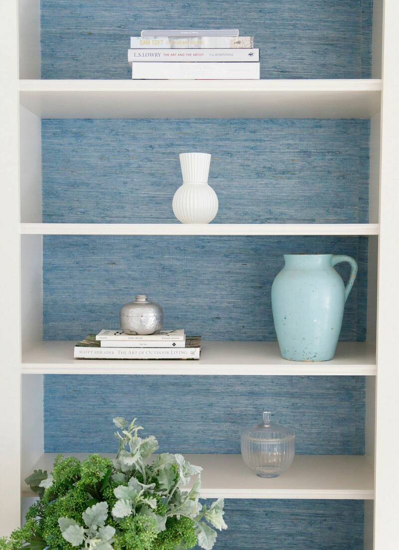 Sea Avenue white Shelves with blue wallpaper