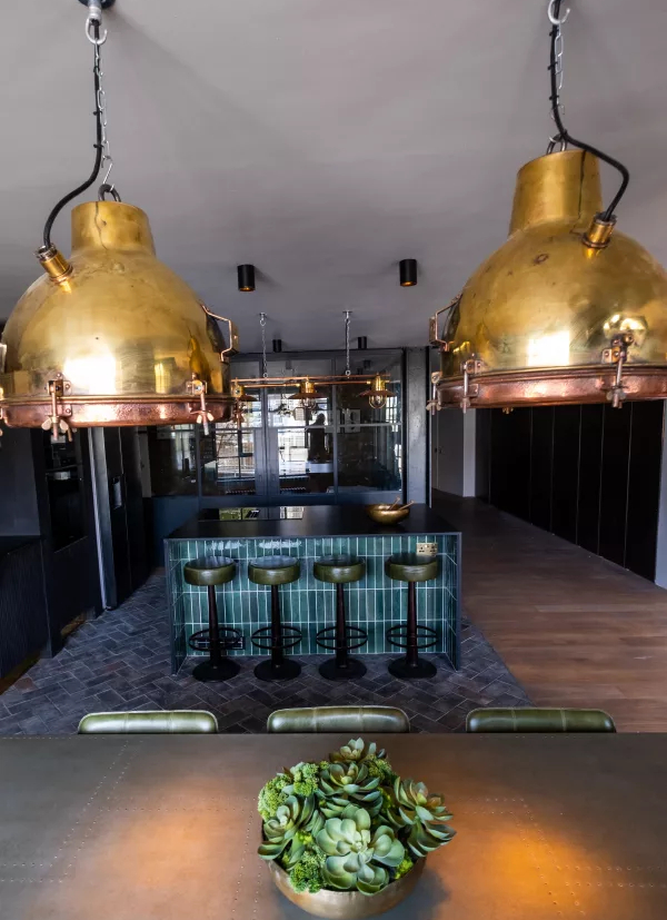 view of industrial kitchen from dining room