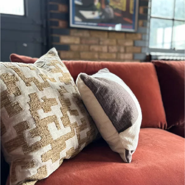 rust coloured sofa with pillows